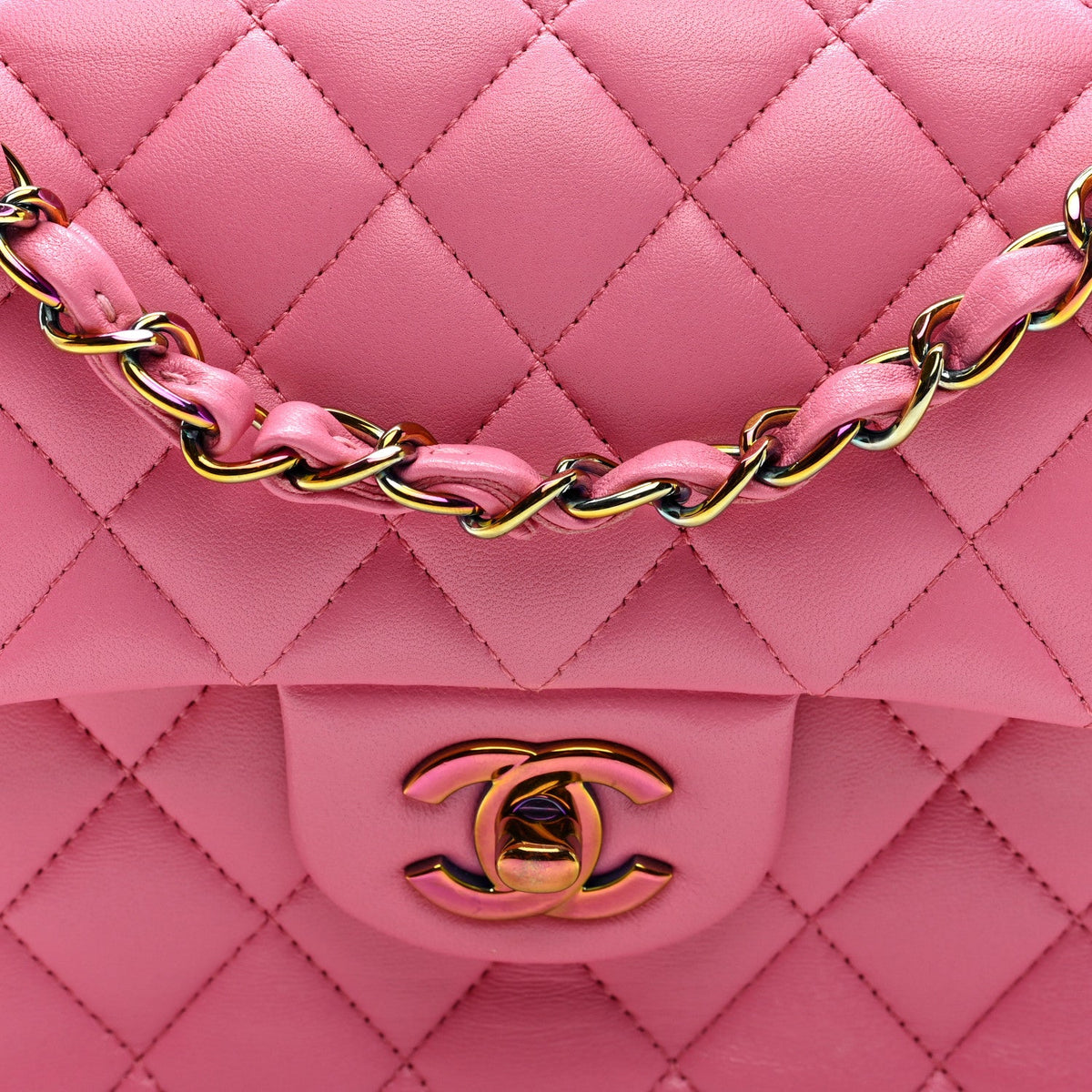 Lambskin Quilted Small Double Flap Pink Yellow