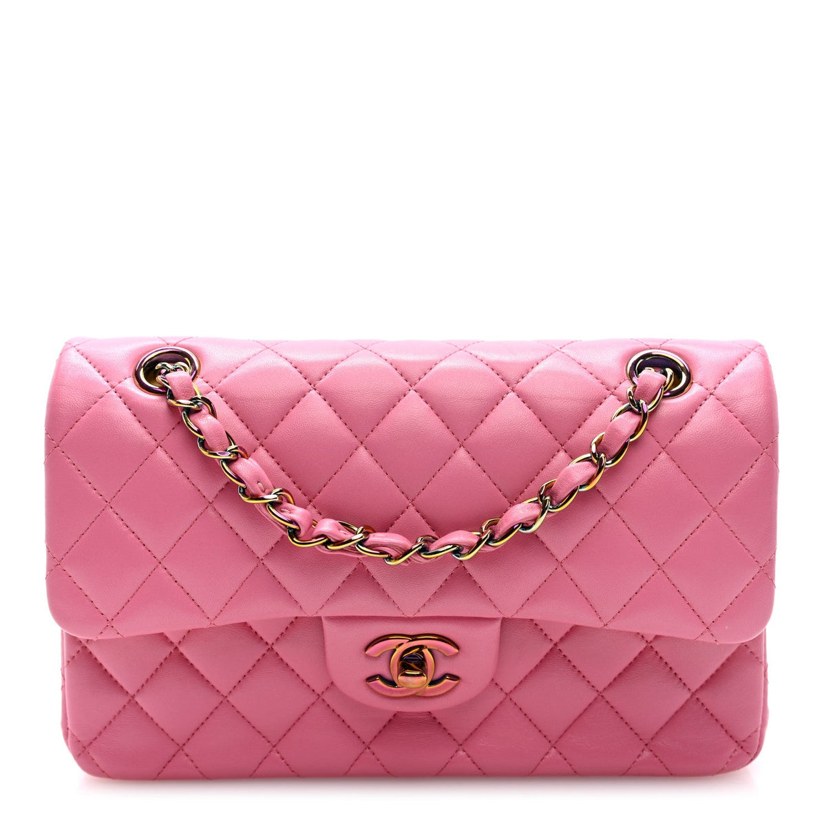 Lambskin Quilted Small Double Flap Pink Yellow