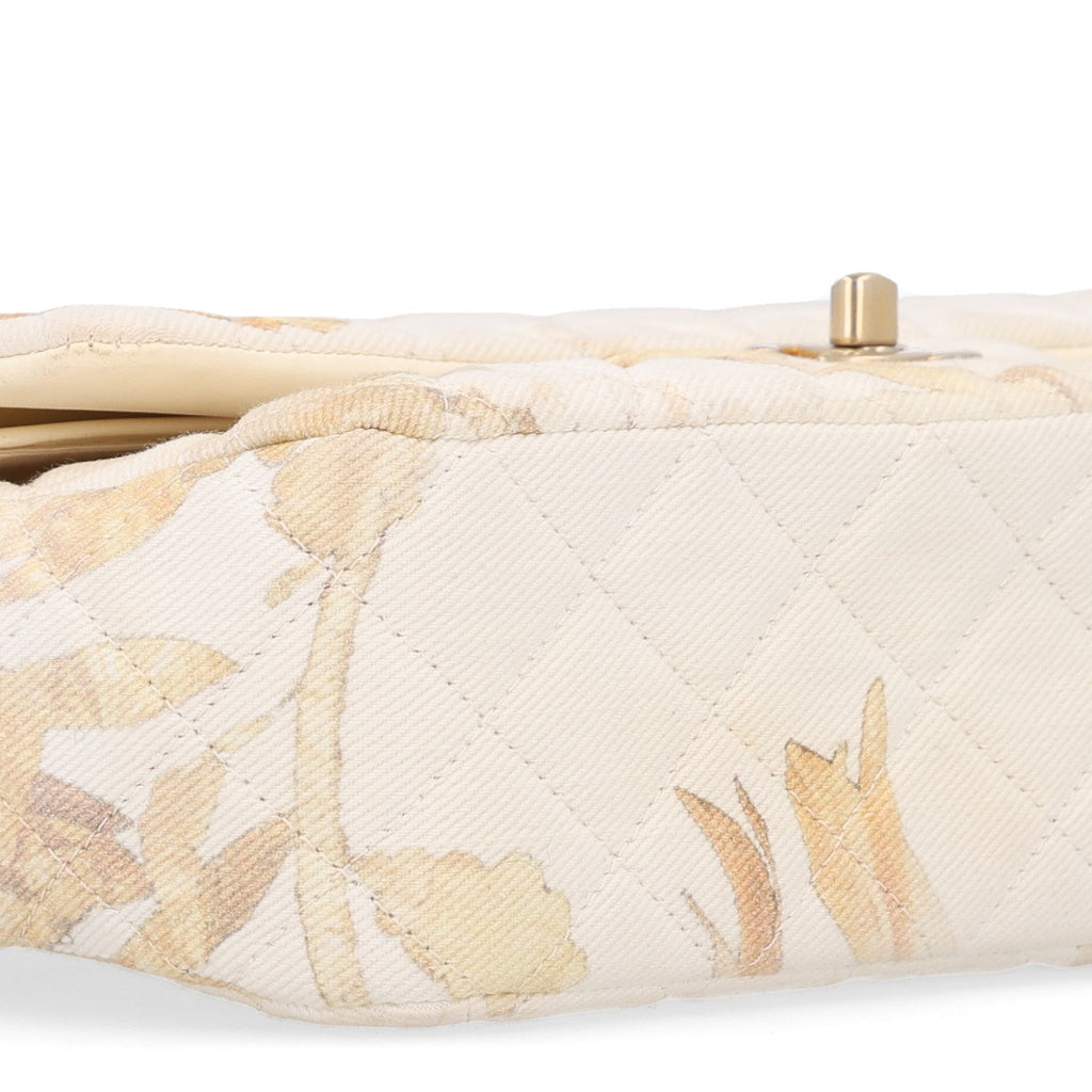 Denim Floral Printed Medium Double Flap Beige