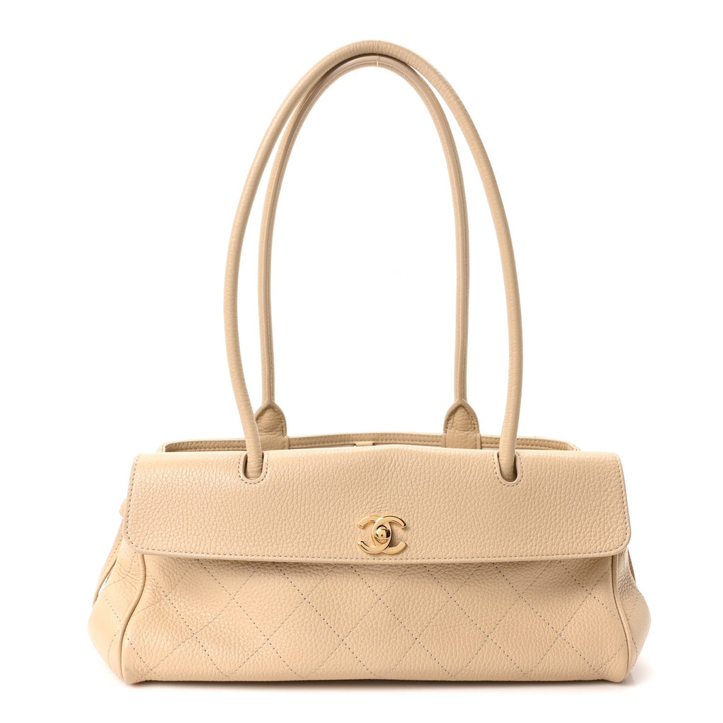 Grained Calfskin Stitched Urban Essentials Small Shopping Bag Beige