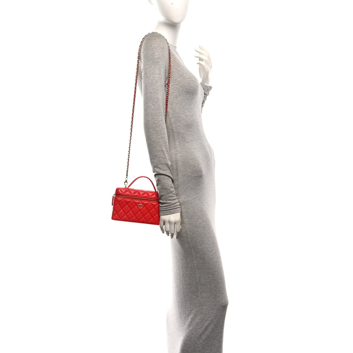 Caviar Quilted Top Handle Slim Vanity With Chain Red