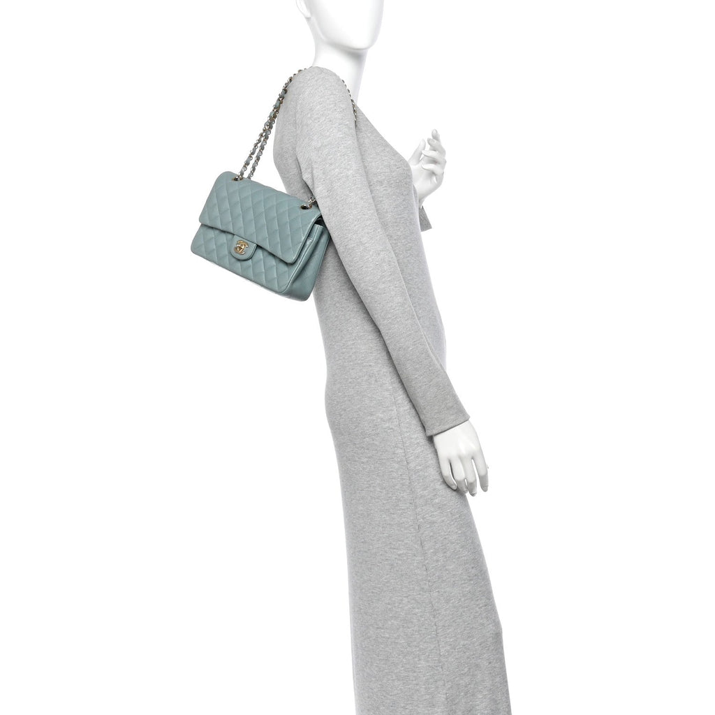 Iridescent Caviar Quilted Medium Double Flap Light Blue
