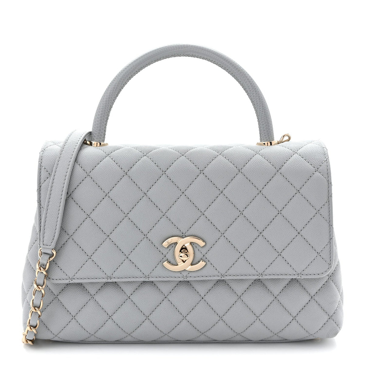 Caviar Lizard Embossed Quilted Small Coco Handle Flap Light Grey