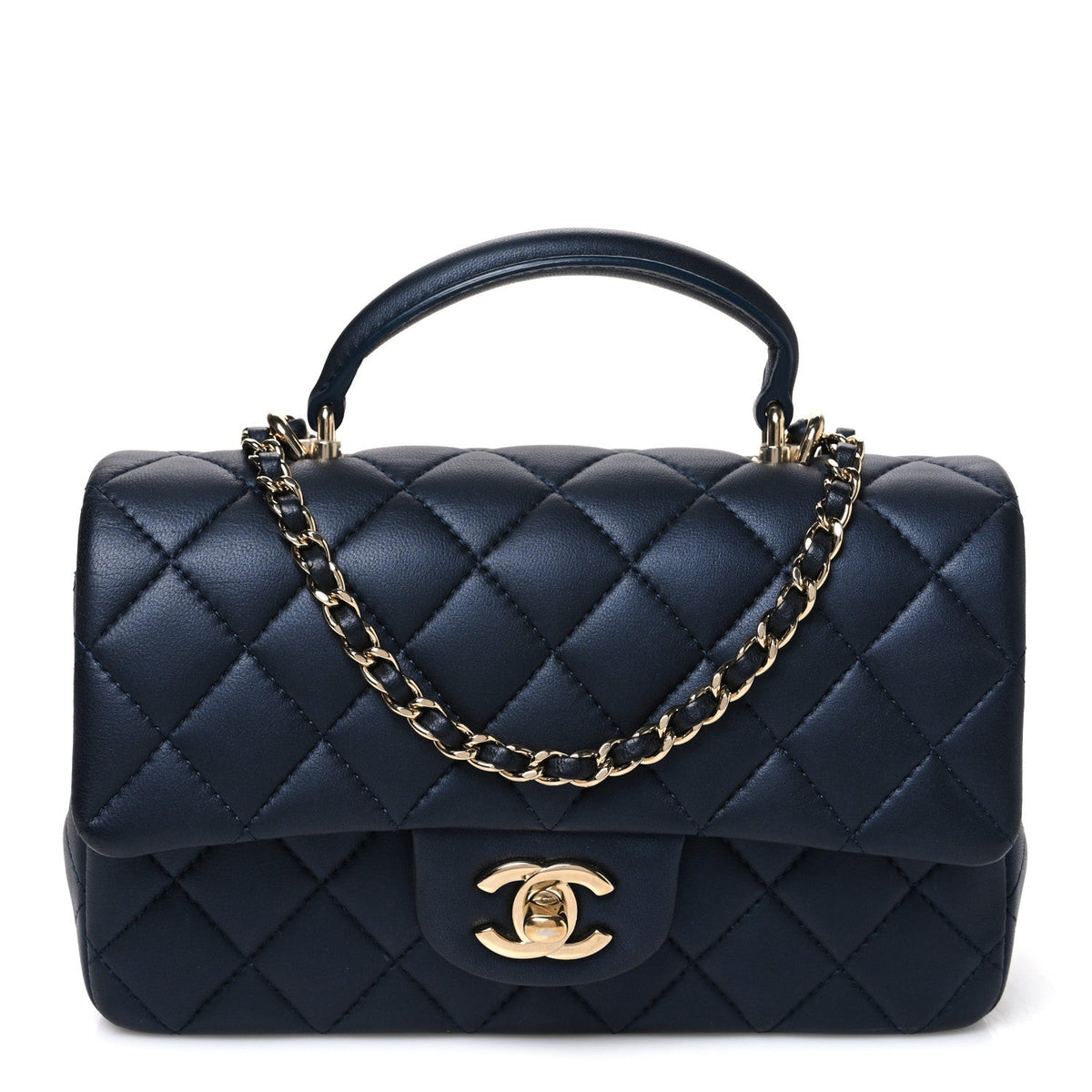 Iridescent Lambskin Quilted Mini Top Handle Rectangular Flap Dark Blue