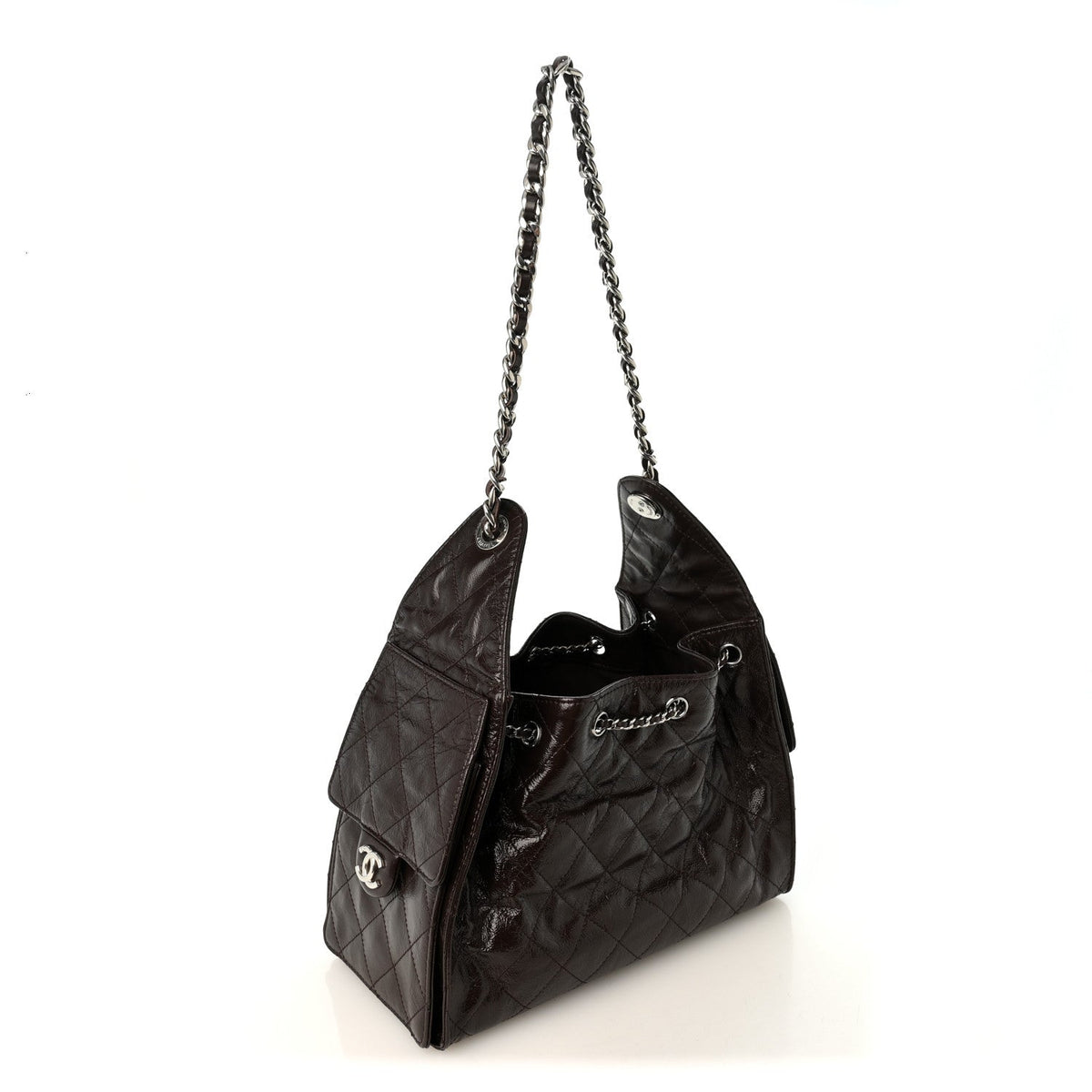 Shiny Crumpled Calfskin Quilted Small Chanel 25 Handbag Dark Brown