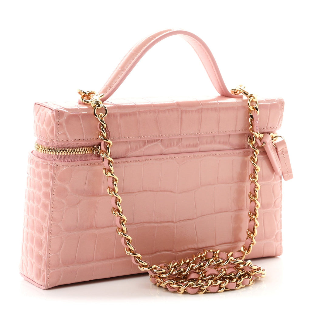 Calfskin Crocodile Embossed Crococo Top Handle Slim Vanity Case With Chain Light Pink