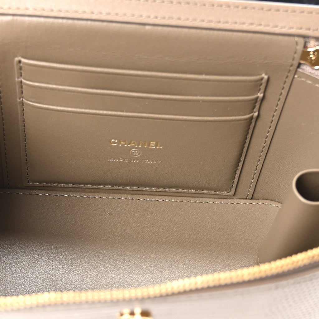 Calfskin Lizard Embossed Top Handle Vanity With Chain Dark Khaki