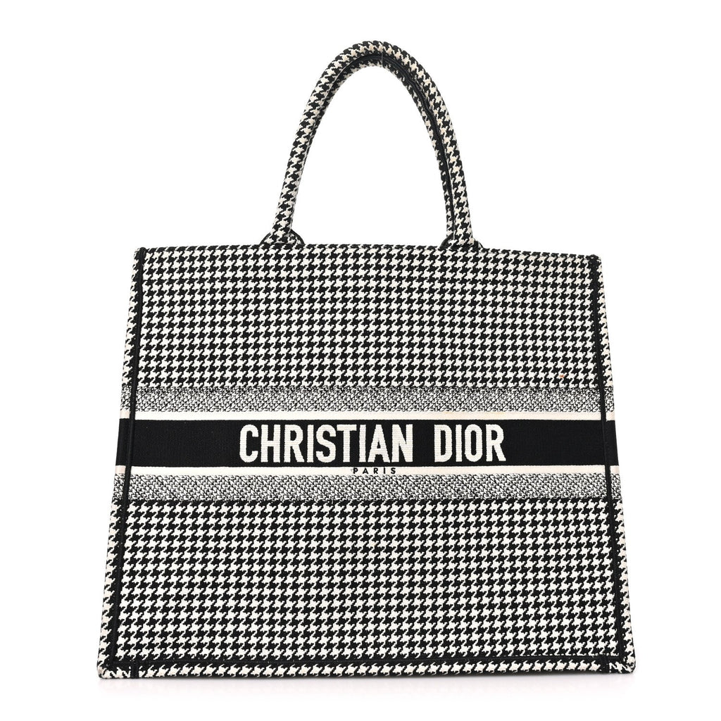 Canvas Houndstooth Embroidered Large Book Tote Black White