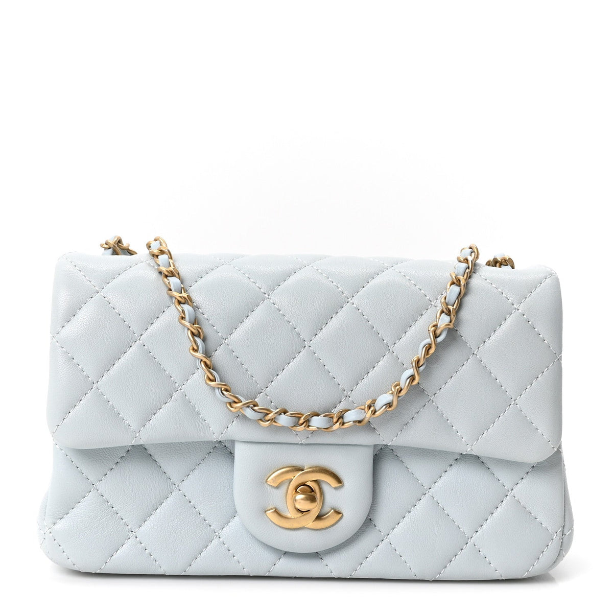 Lambskin Quilted Mini Rectangular Pearl Crush Flap Light Blue