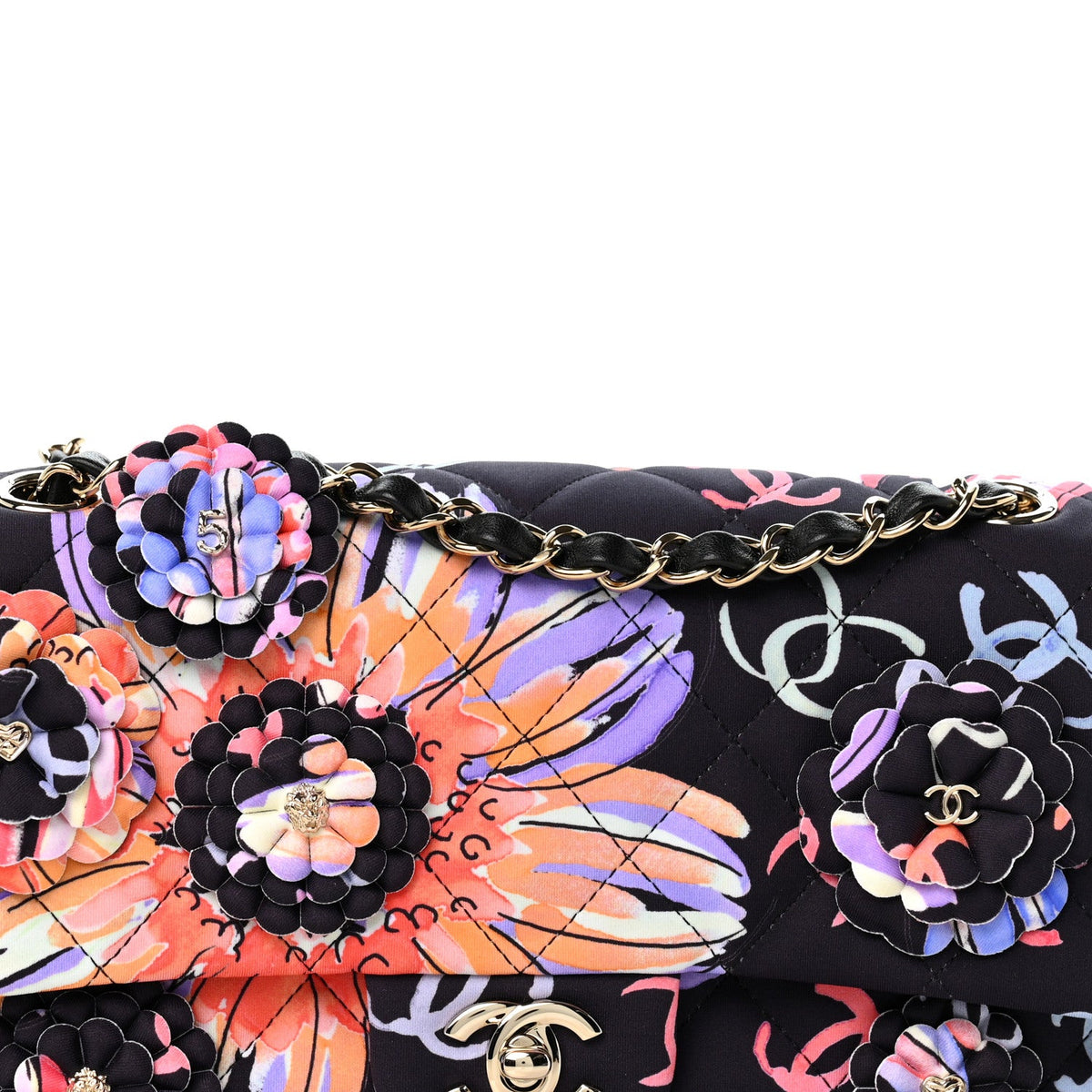 Printed Fabric Quilted Camellia Flap Black Multicolor