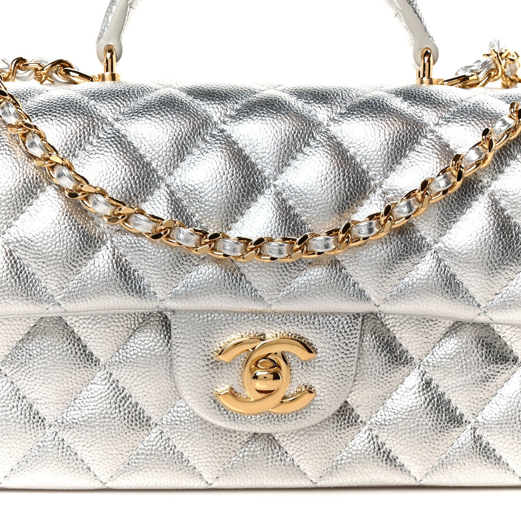 Metallic Caviar Quilted Top Handle East West Flap Silver
