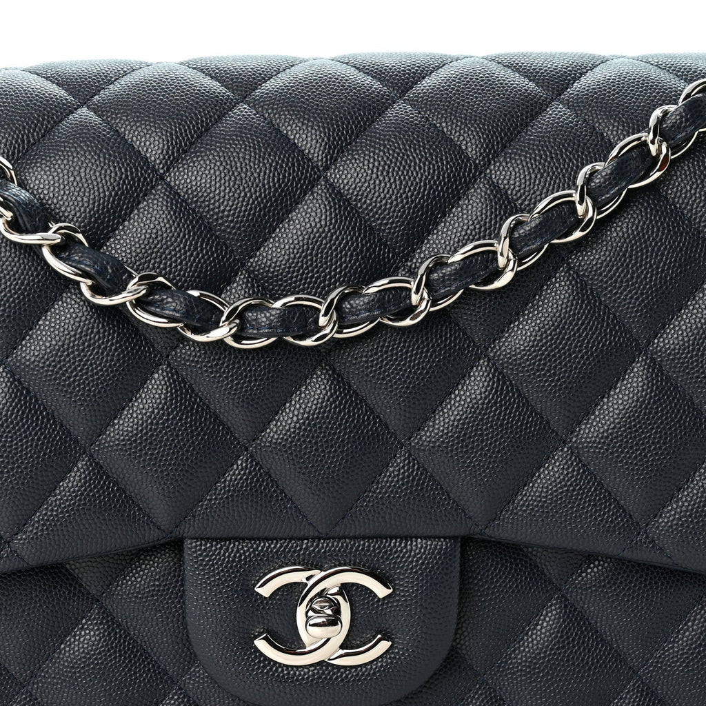Caviar Quilted Jumbo Double Flap Navy Blue