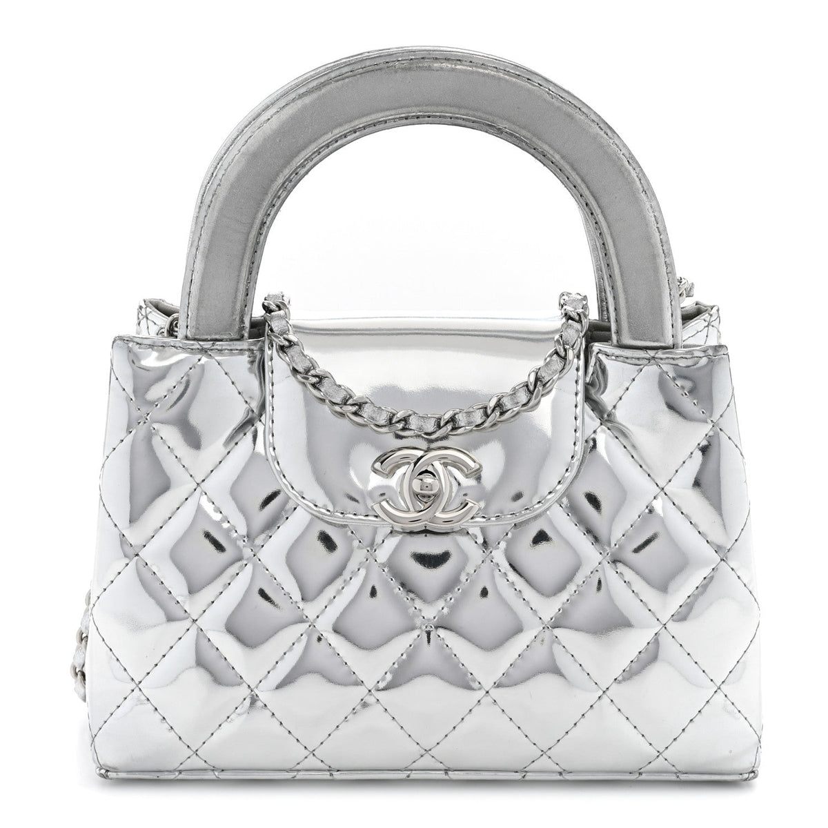 Mirror Calfskin Metallic Calfskin Quilted Nano Kelly Shopper Silvery