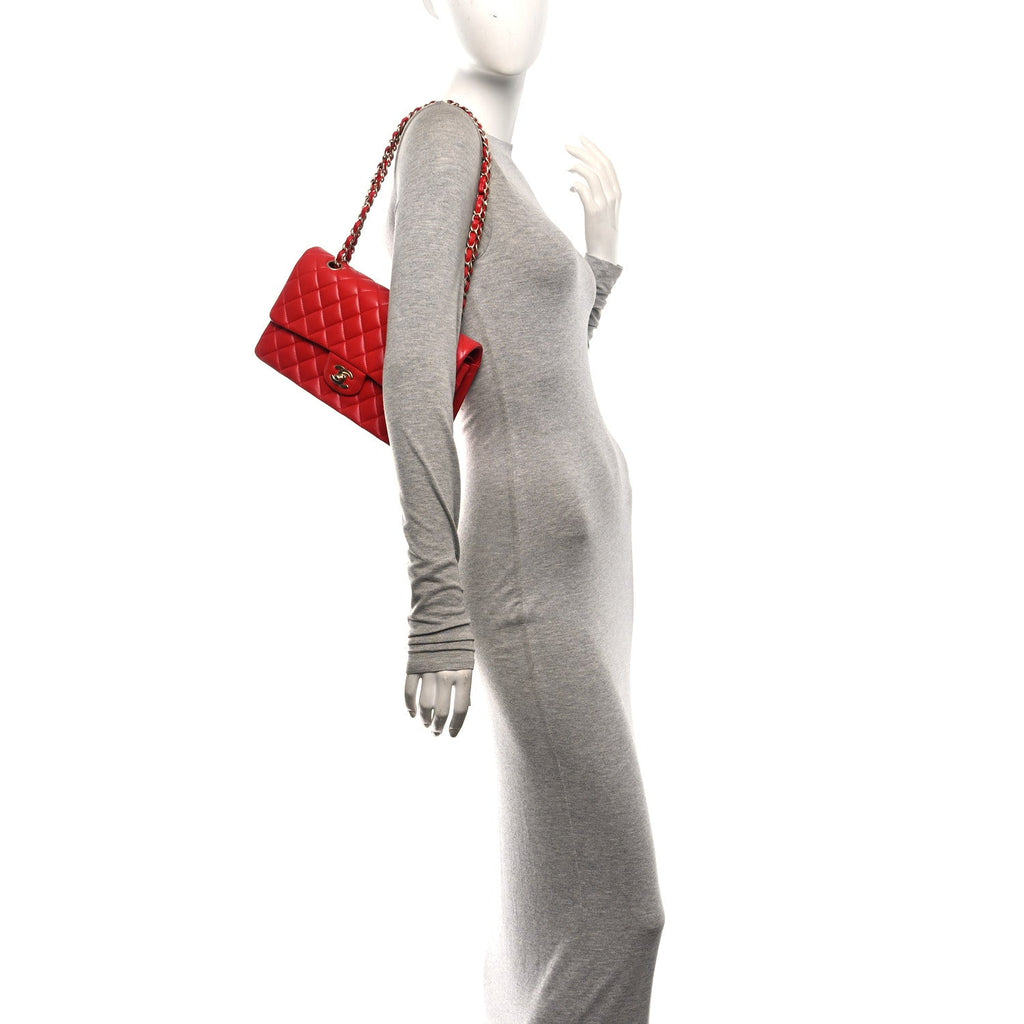 Lambskin Quilted Medium Double Flap Red