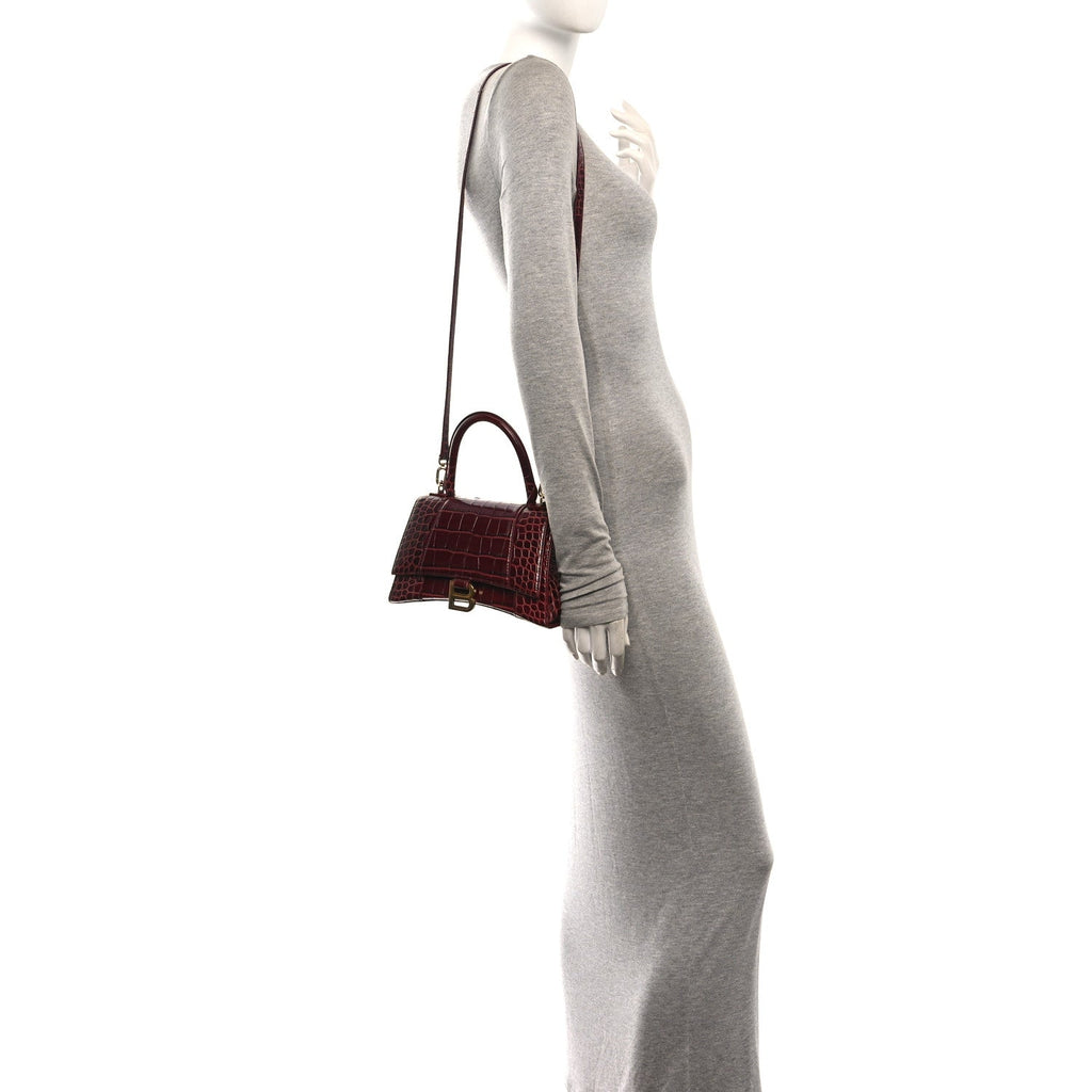Shiny Calfskin Crocodile Embossed Small Hourglass Top Handle Bag Dark Red