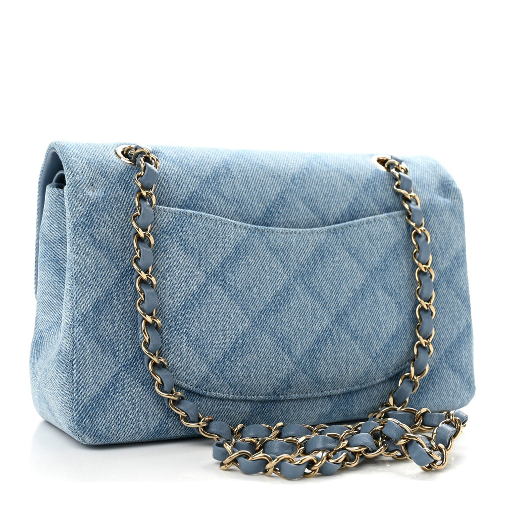 Printed Denim Quilted Small Double Flap Light Blue