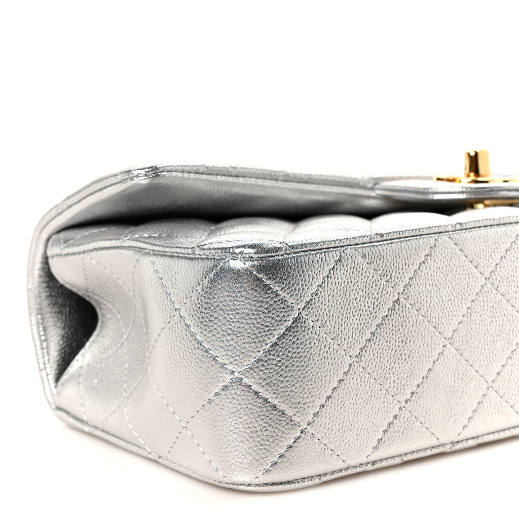 Metallic Caviar Quilted Top Handle East West Flap Silver