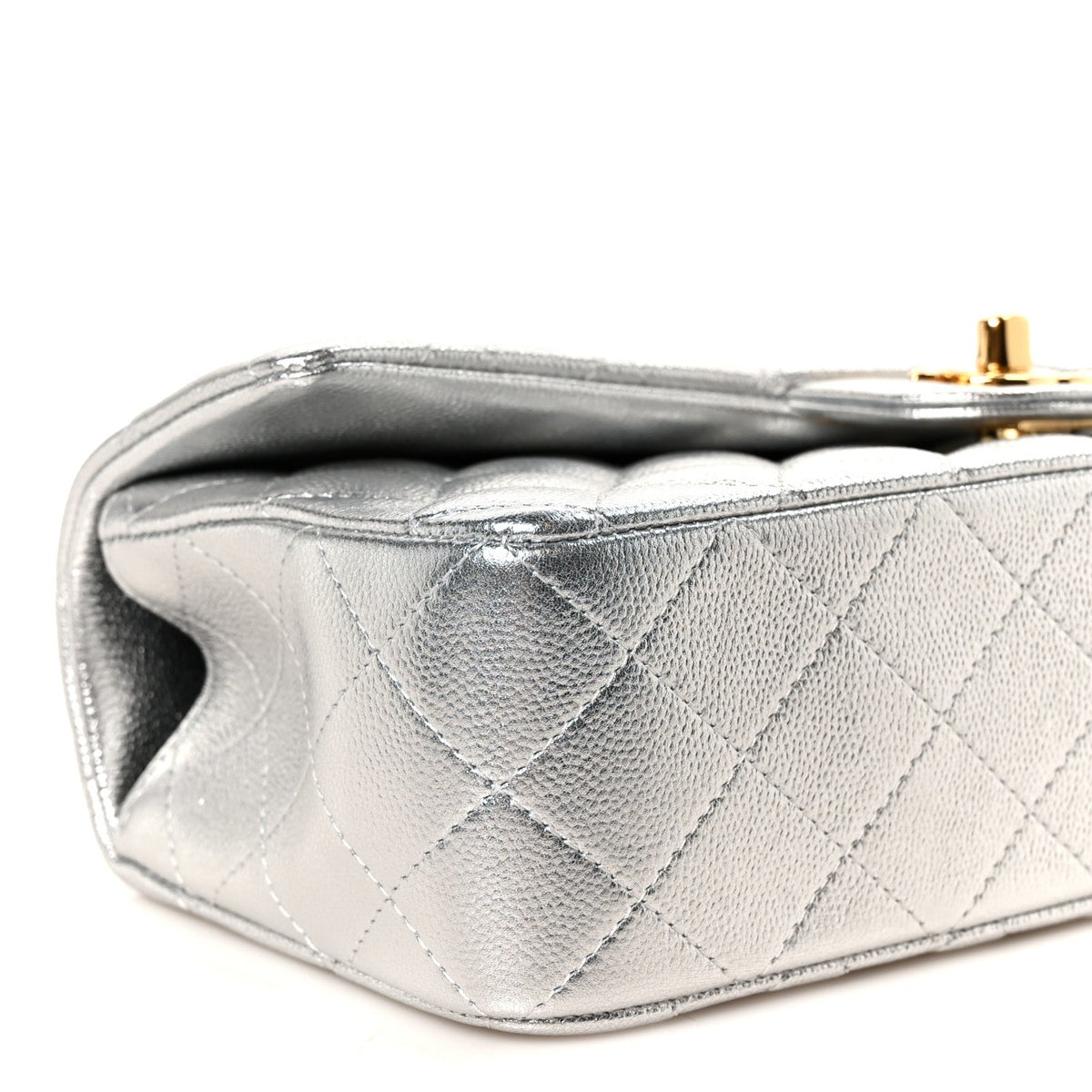 Metallic Caviar Quilted Top Handle East West Flap Silver
