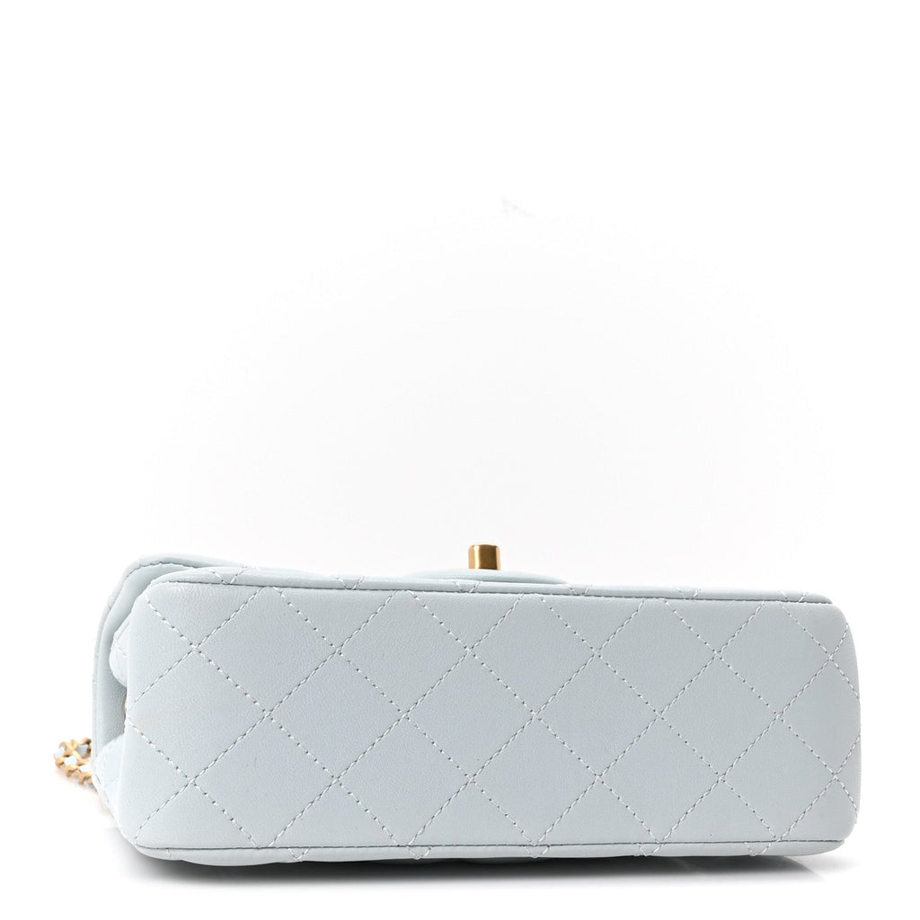 Lambskin Quilted Mini Rectangular Pearl Crush Flap Light Blue