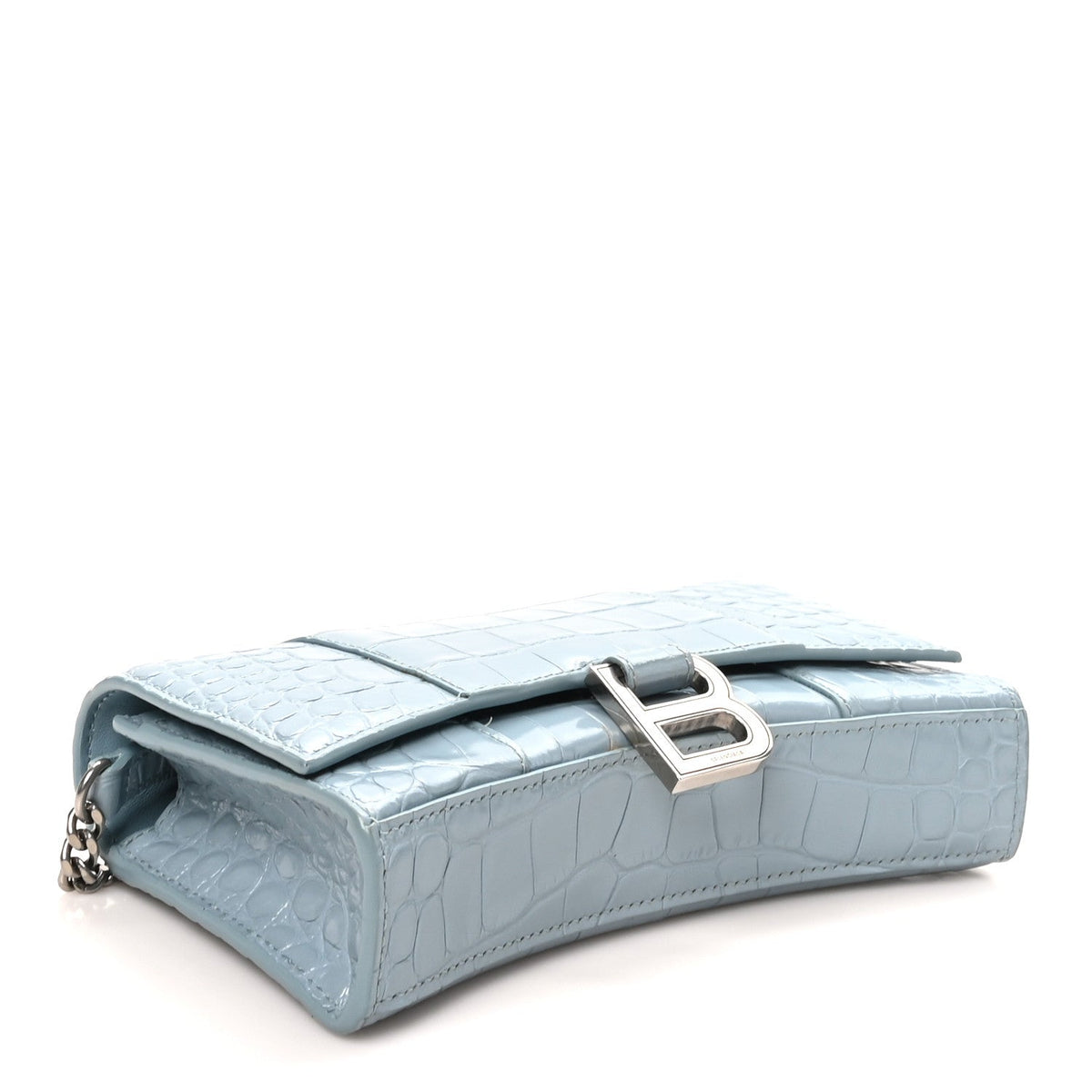 Shiny Calfskin Crocodile Embossed Hourglass Chain Bag Blue Grey