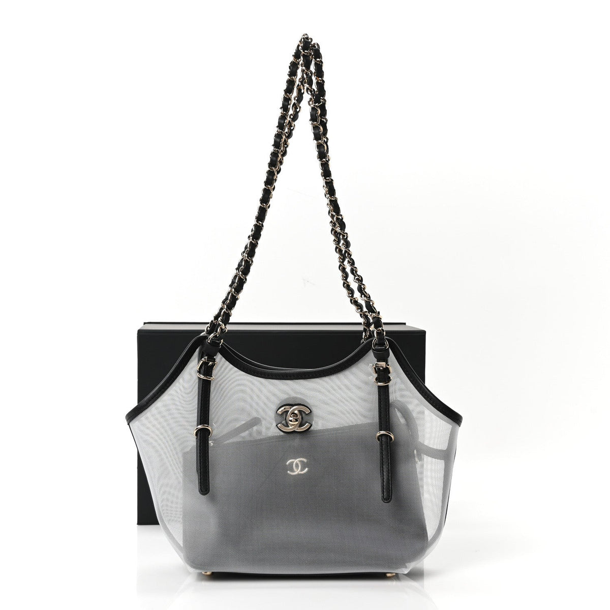 Mesh Calfskin Small Shopping Bag Transparent Black
