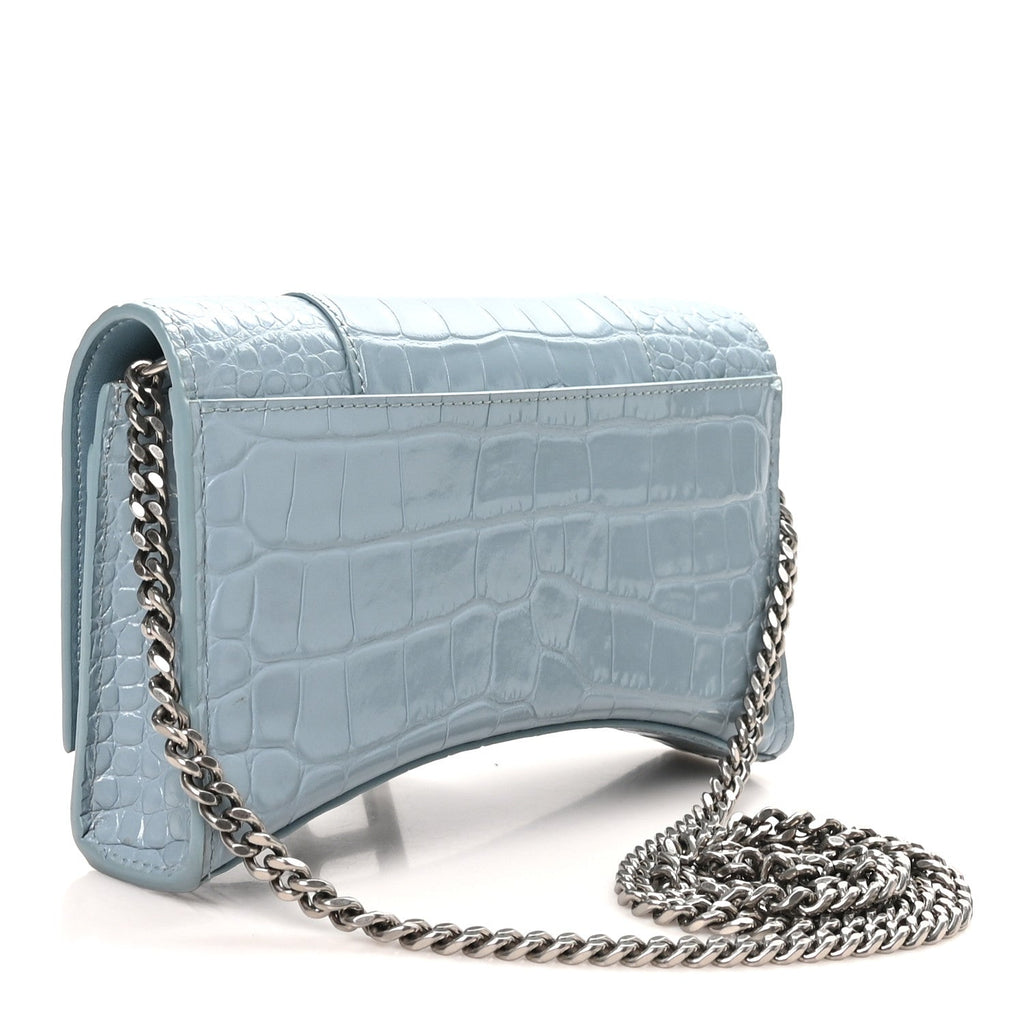 Shiny Calfskin Crocodile Embossed Hourglass Chain Bag Blue Grey