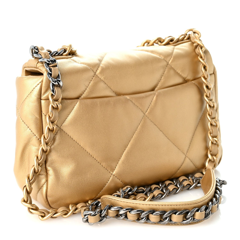 Metallic Goatskin Quilted Medium Chanel 19 Flap Gold