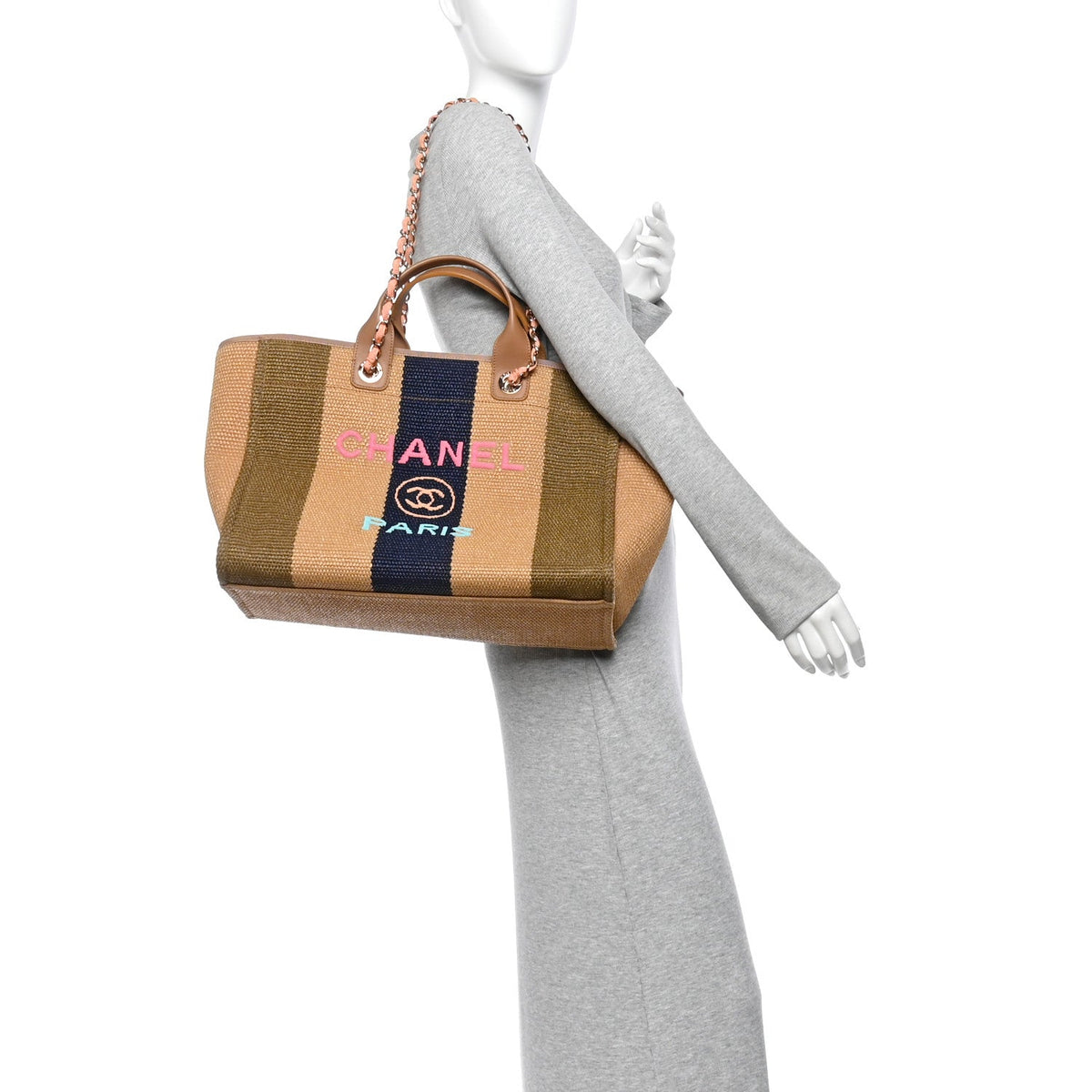 Straw Raffia Calfskin Striped Medium Deauville Tote Black Beige Ivory