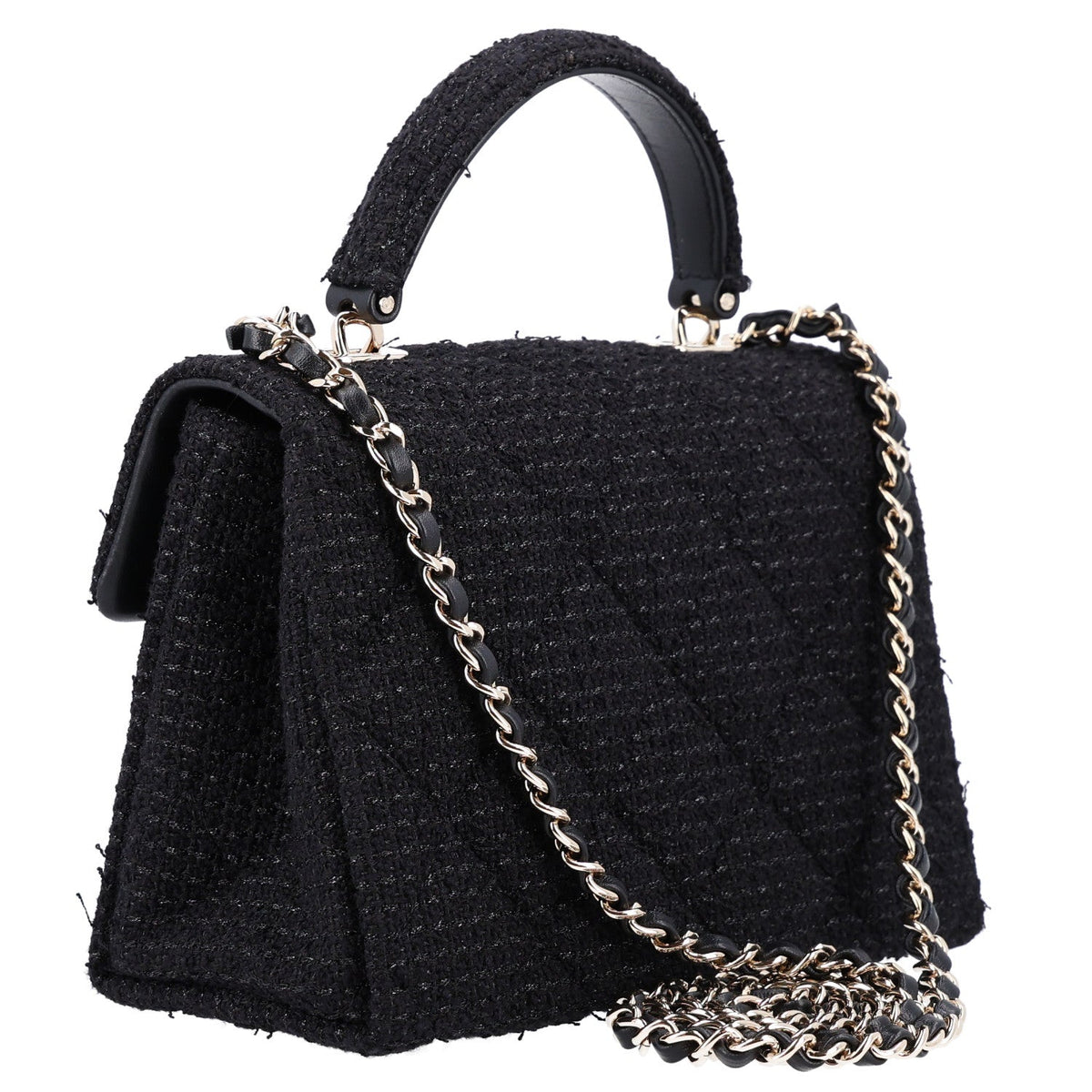 Tweed Quilted Medium Retro Twist Top Handle Flap  Black