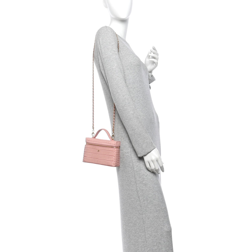 Calfskin Crocodile Embossed Crococo Exoticoco Vanity With Chain Light Pink