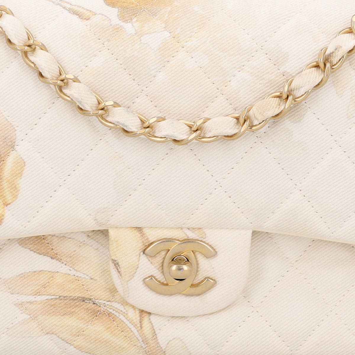Denim Floral Printed Medium Double Flap Beige