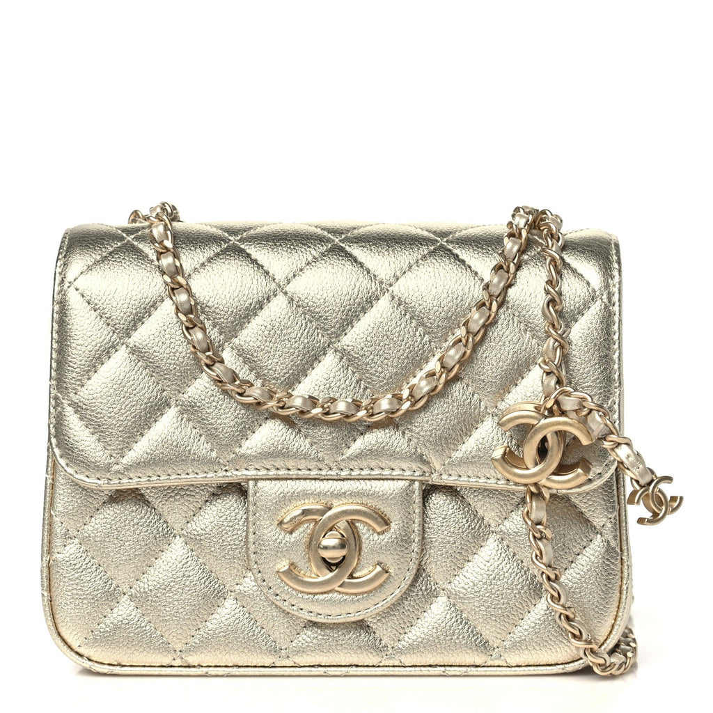 Metallic Caviar Quilted Mini Square CC Slide Flap Gold