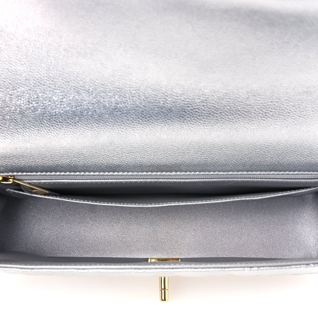 Metallic Caviar Quilted Top Handle East West Flap Silver