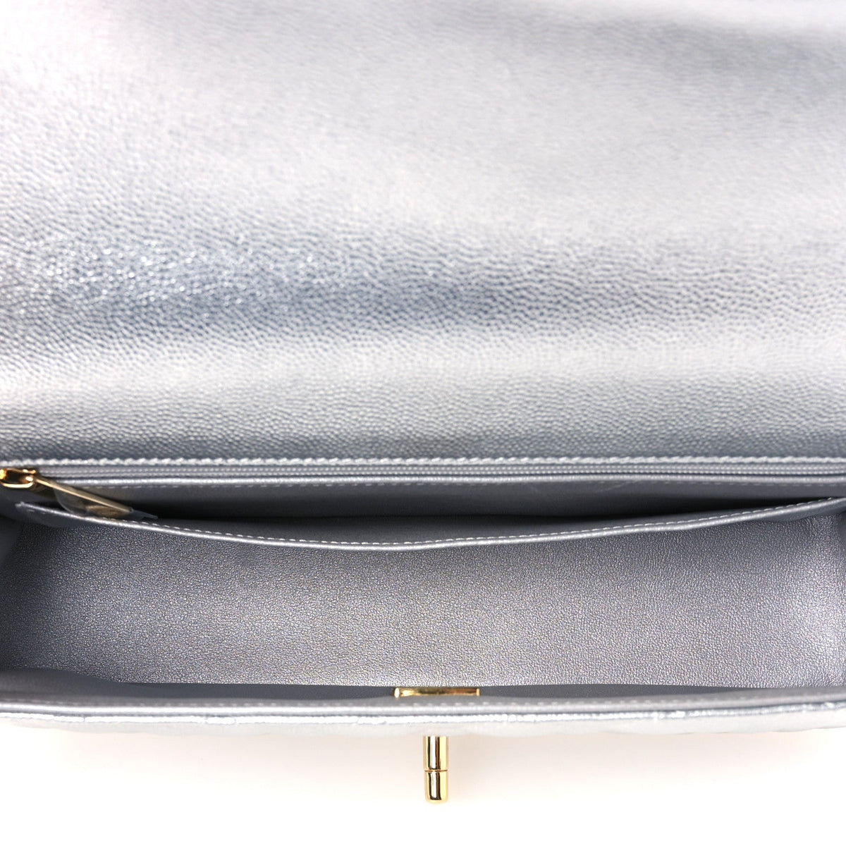 Metallic Caviar Quilted Top Handle East West Flap Silver