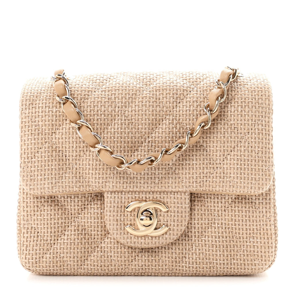 Braided Raffia Quilted Mini Square Flap Dark Beige