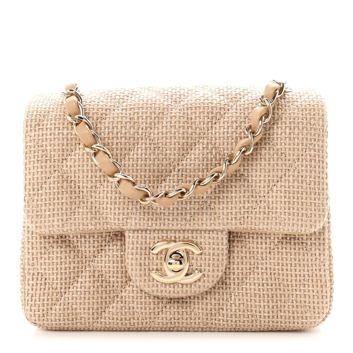 Braided Raffia Quilted Mini Square Flap Dark Beige