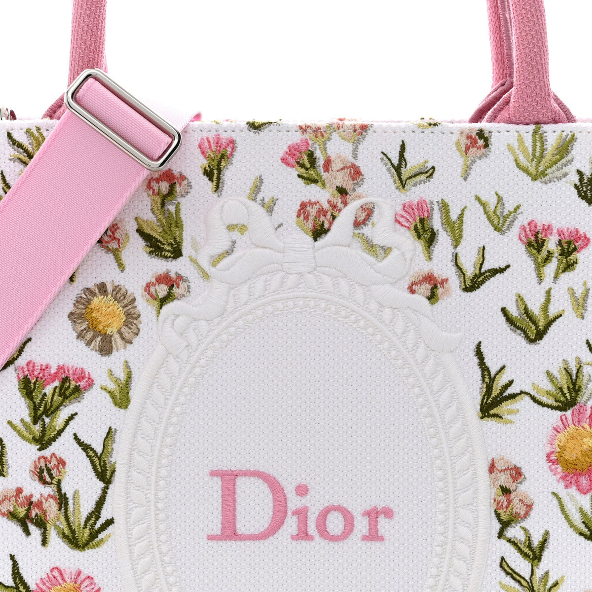 Cotton Toile De Jouy Daisy Garden Embroidered Dior Medaillon Small Book Tote With Strap Pink Multicolor