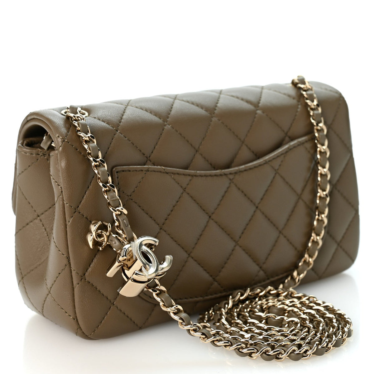 Lambskin Quilted Mini Rectangular CC Slide Flap Dark Khaki