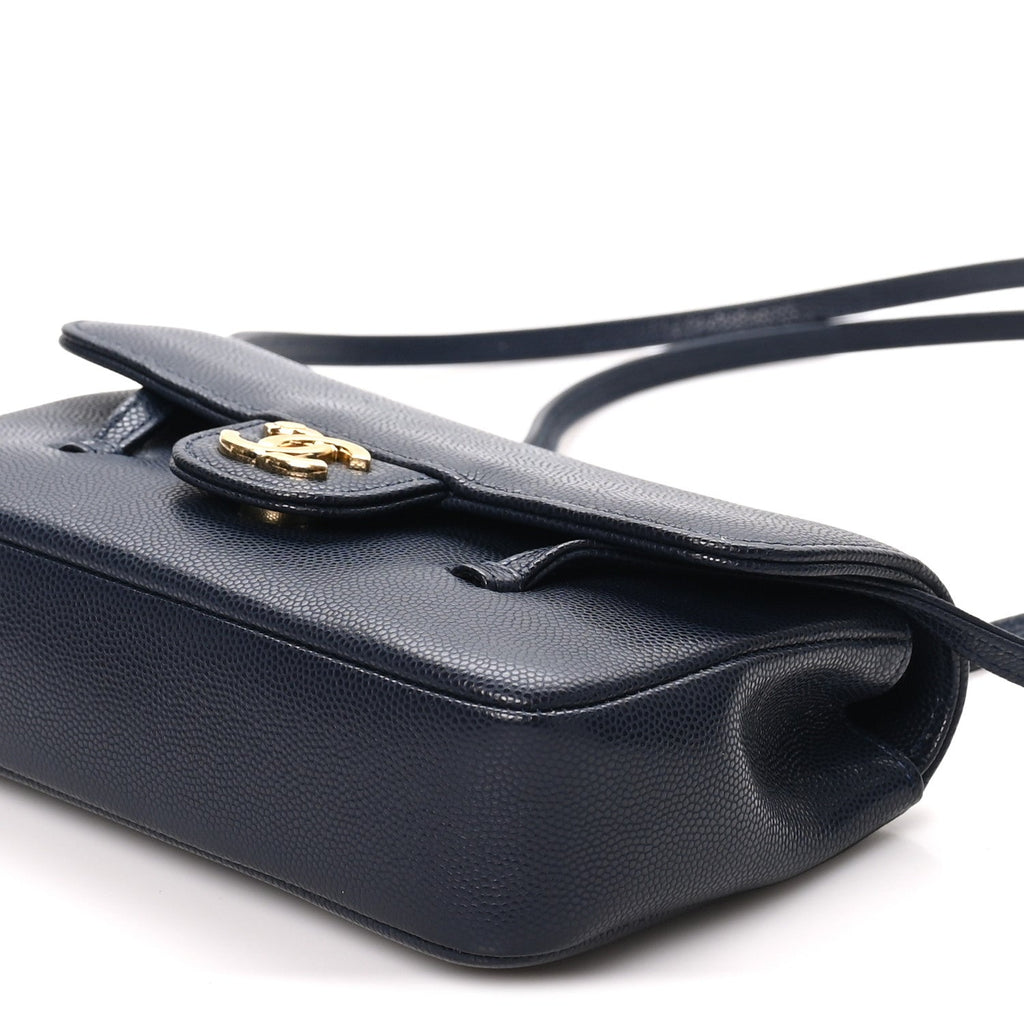 Shiny Caviar Mini Preppy Coco Shoulder Bag Dark Blue