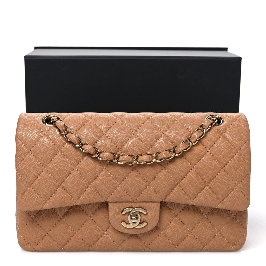Caviar Quilted Medium Double Flap Light Brown