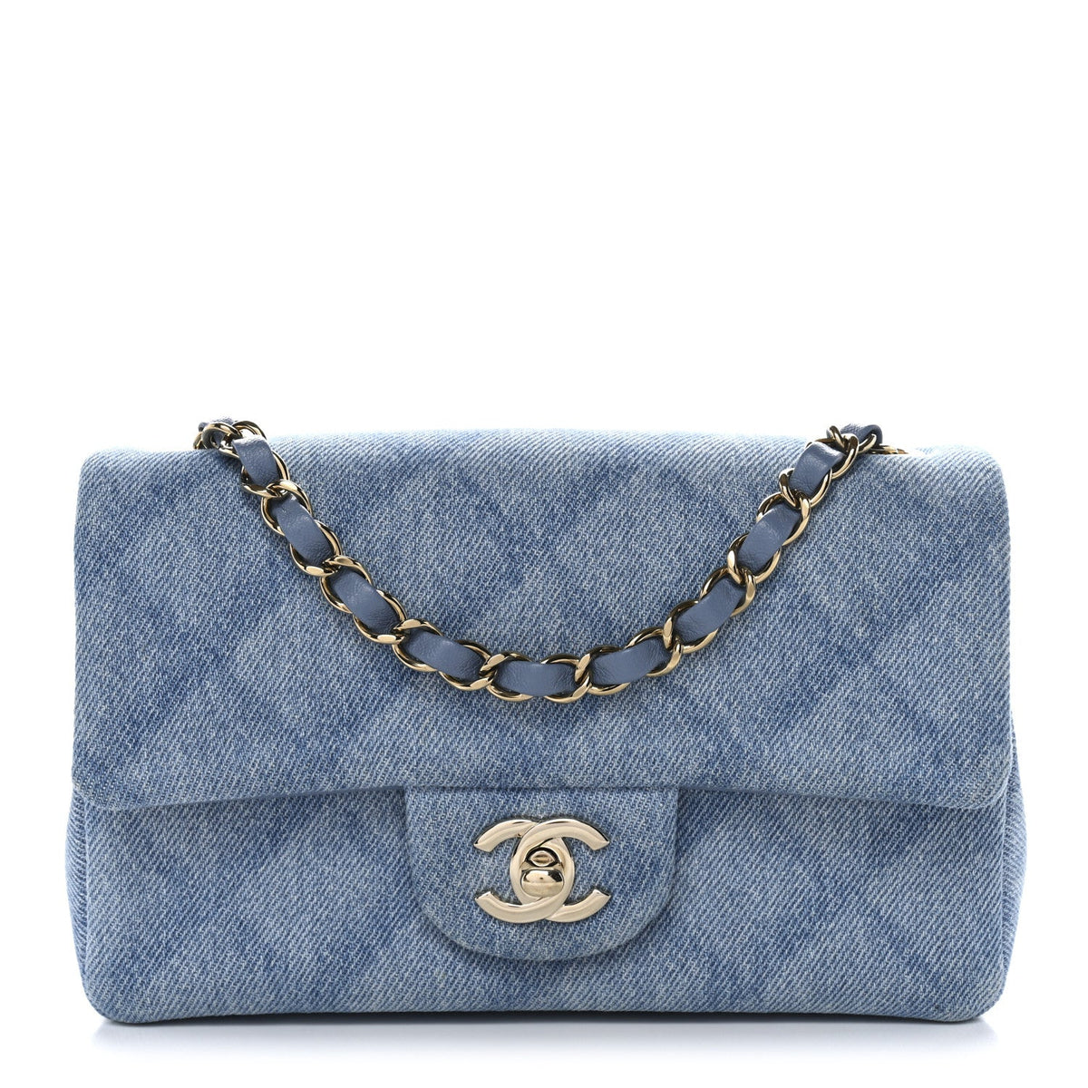 Printed Denim Quilted Mini Rectangular Flap Light Blue