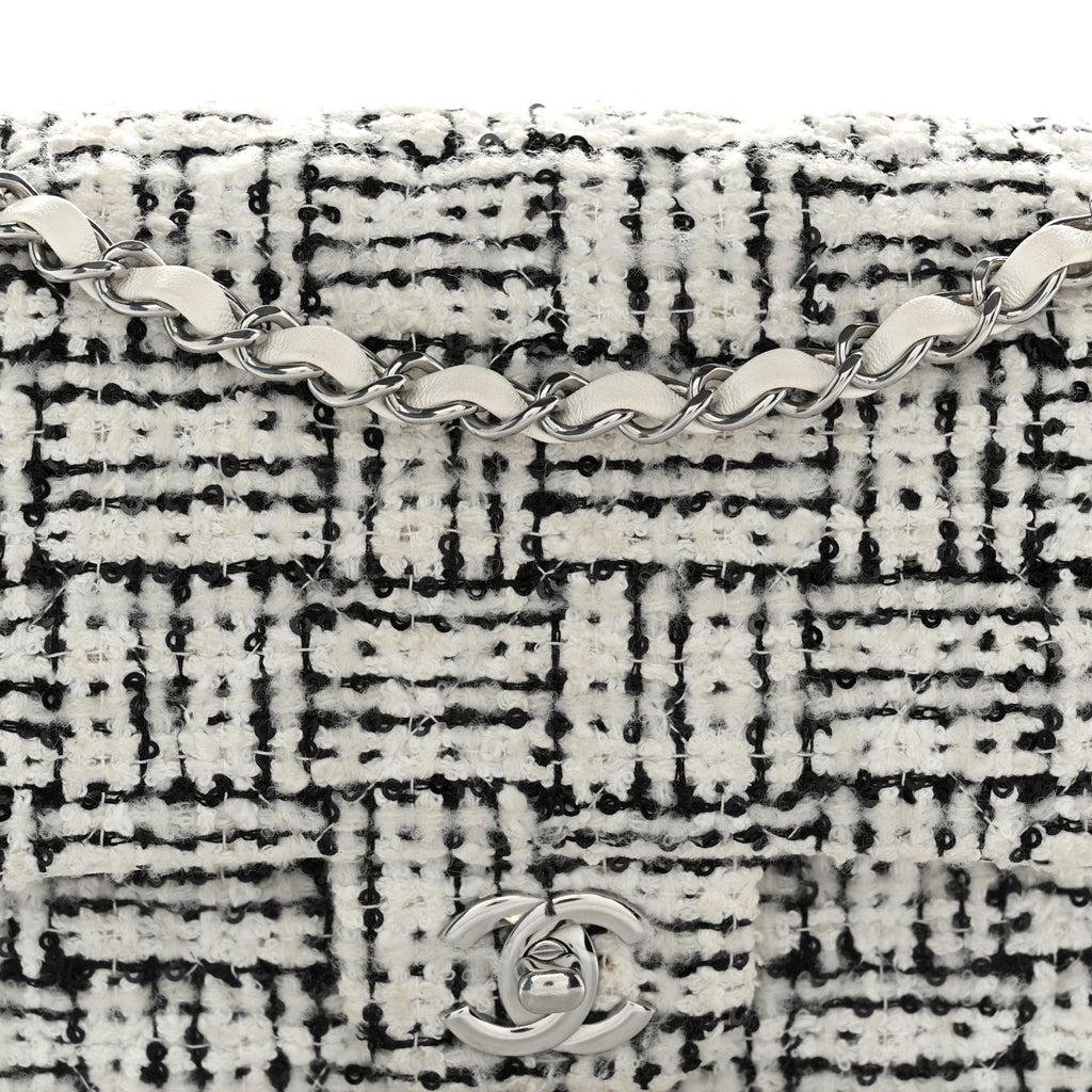 Tweed Sequin Quilted Medium Double Flap White Black