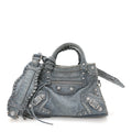 Washed Frayed Denim Crystal Neo Cagole Handbag XS Blue