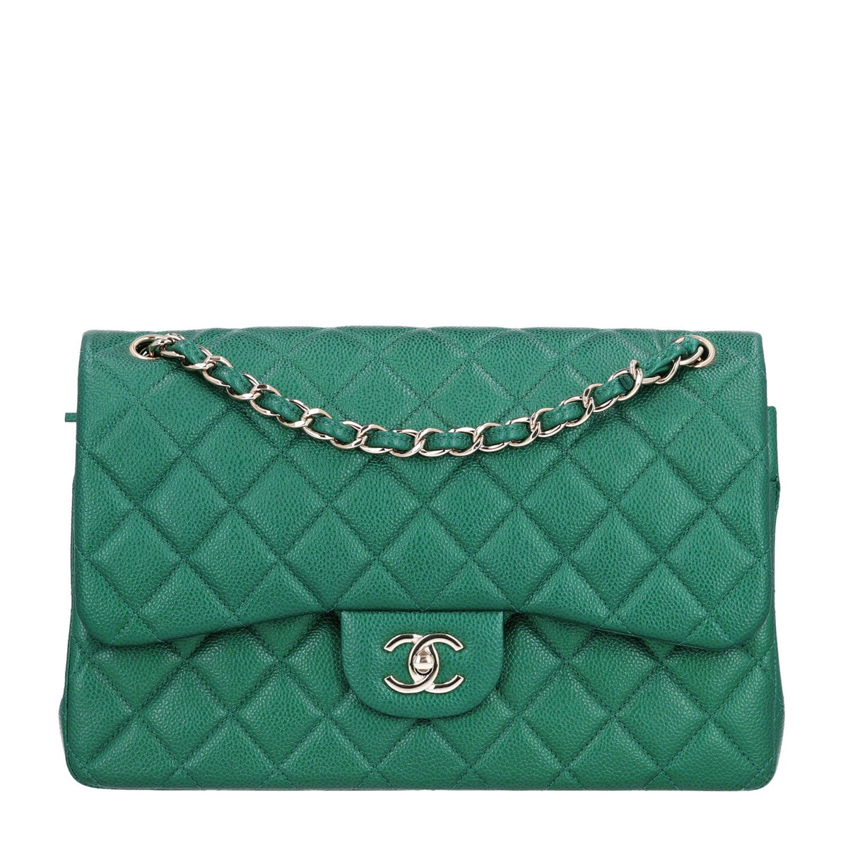 Metallic Caviar Quilted Jumbo Double Flap Green