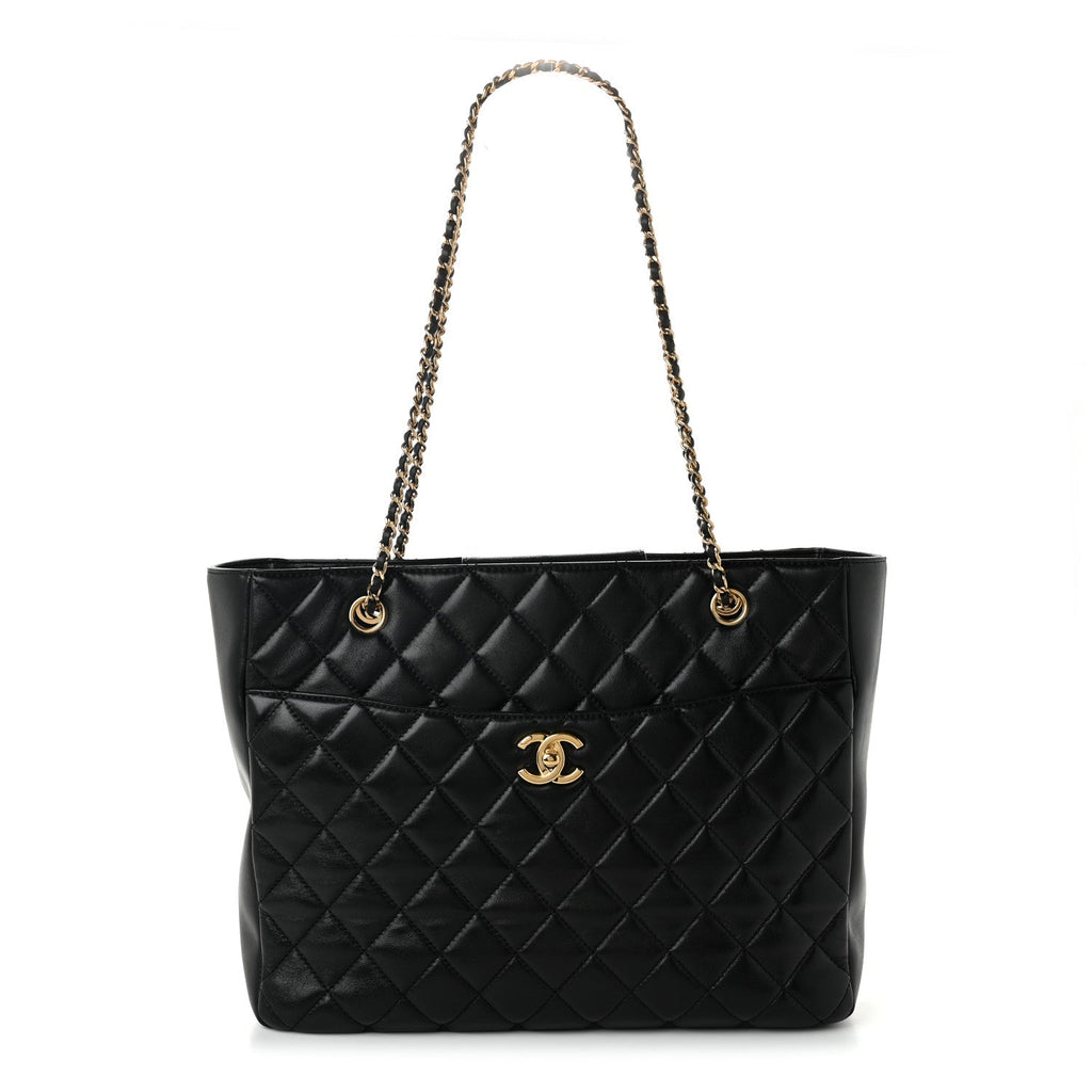 Shiny Lambskin Quilted Medium Shopping Tote Black