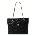 Shiny Lambskin Quilted Medium Shopping Tote Black