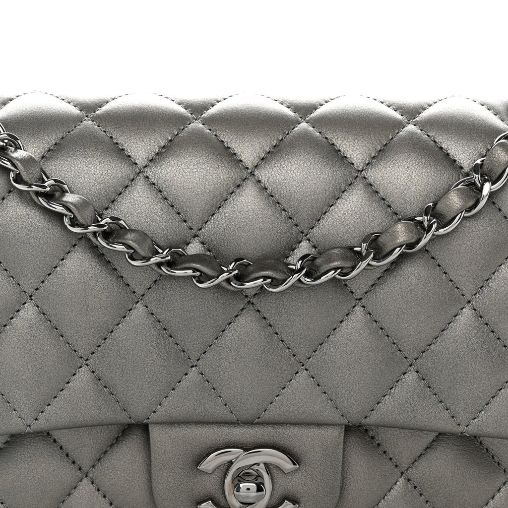 Metallic Calfskin Quilted Medium Double Flap Ruthenium