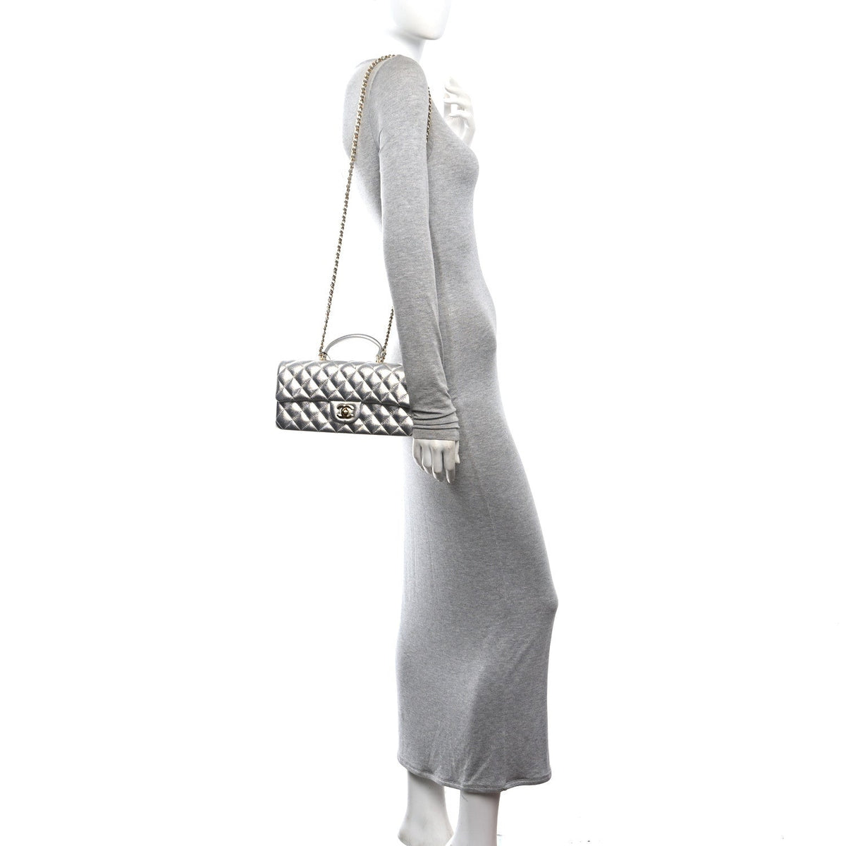 Metallic Caviar Quilted Top Handle East West Flap Silver