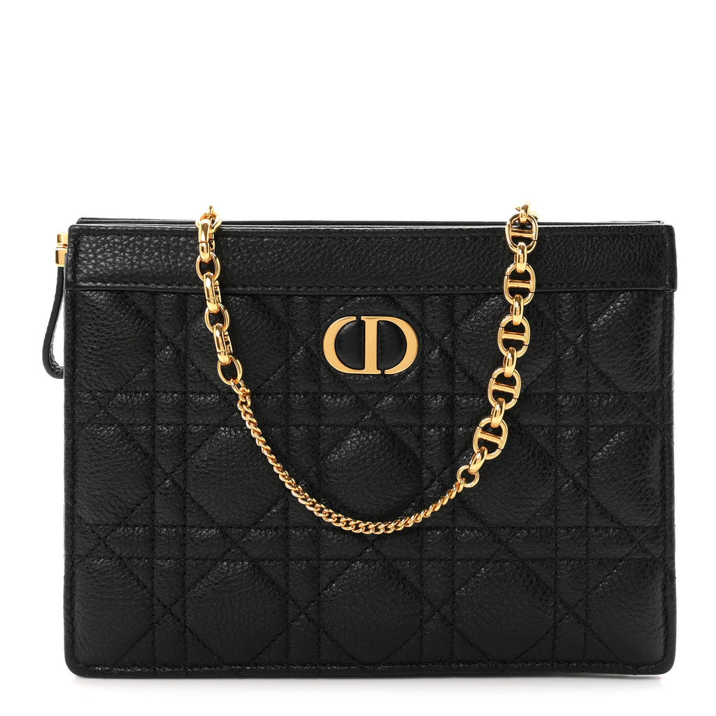 Calfskin Cannage Caro Zipped Pouch With Chain Black