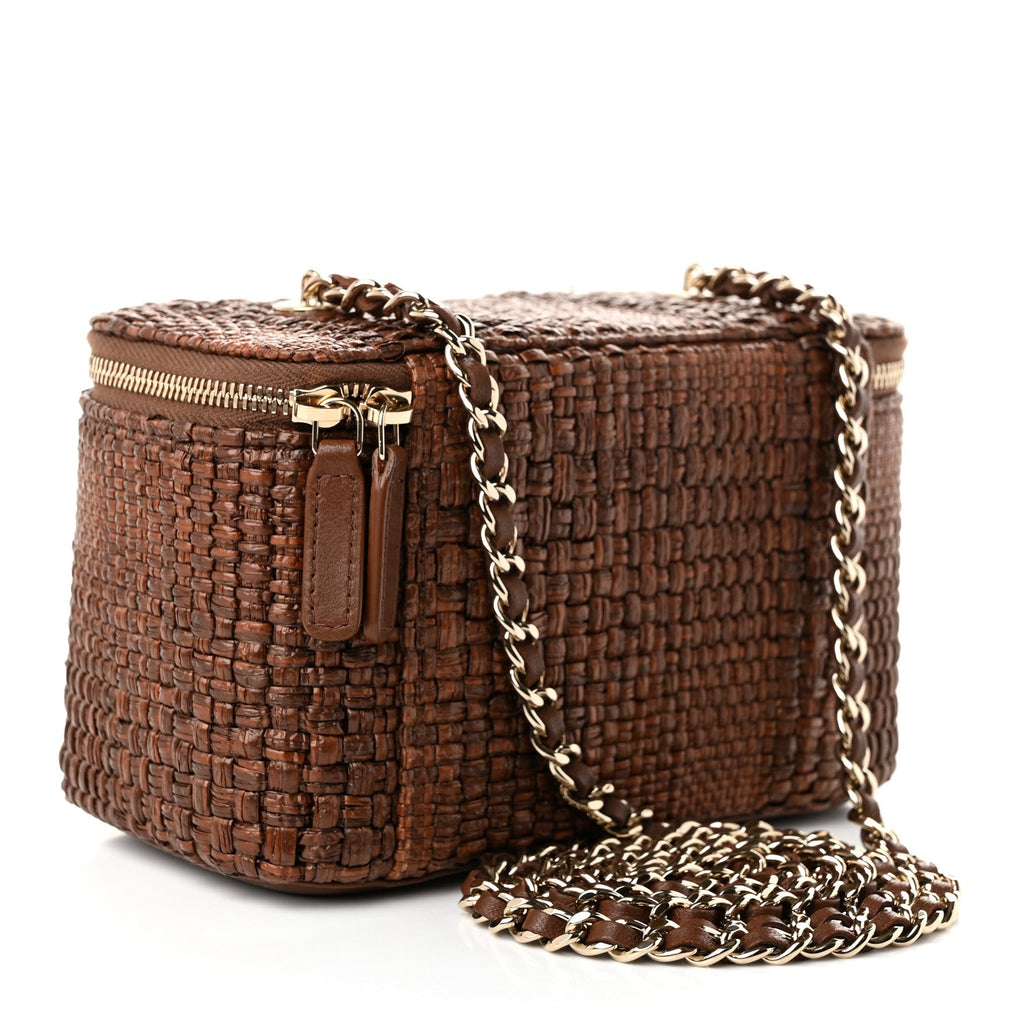 Braided Raffia Vanity Case With Chain Brown